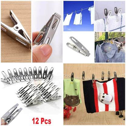 Metal clothespins shown in various settings with text '12 Pcs' displayed.