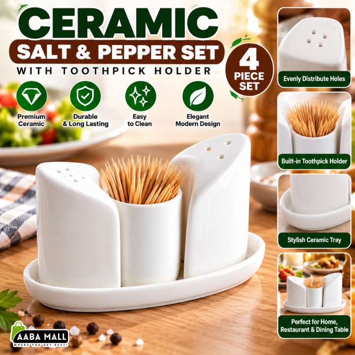 Brilliant Ceramic Salt and Pepper Set with Toothpick Holder 4 Piece Ceramic Dining Table Seasoning Organizer