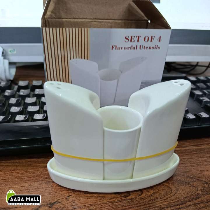 Brilliant Ceramic Salt and Pepper Set with Toothpick Holder 4 Piece Ceramic Dining Table Seasoning Organizer