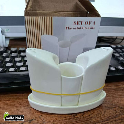 Brilliant Ceramic Salt and Pepper Set with Toothpick Holder 4 Piece Ceramic Dining Table Seasoning Organizer