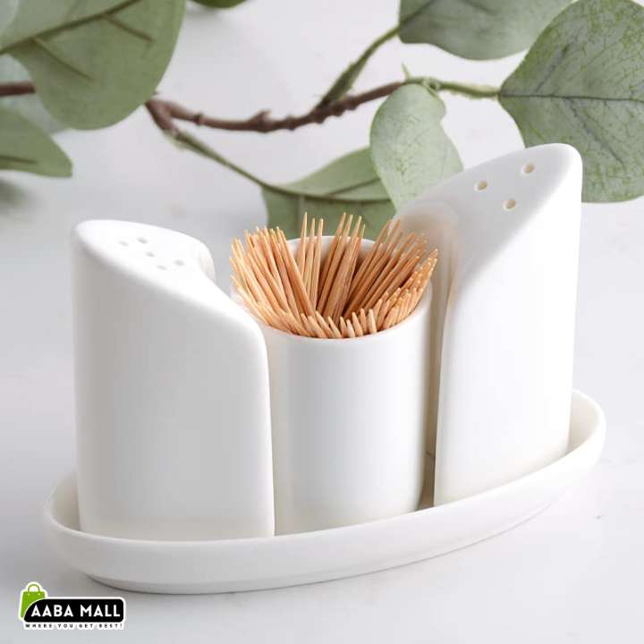 Brilliant Ceramic Salt and Pepper Set with Toothpick Holder 4 Piece Ceramic Dining Table Seasoning Organizer