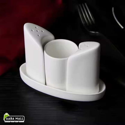 Brilliant Ceramic Salt and Pepper Set with Toothpick Holder 4 Piece Ceramic Dining Table Seasoning Organizer