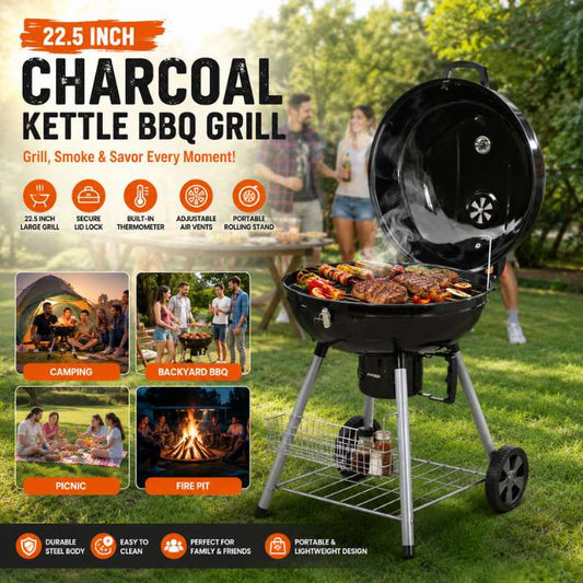 Charcoal Kettle BBQ Grill with Lid | Portable Fire Pit | 22.5 Inch Outdoor Picnic & Camping Grill | 4 Legs Rolling BBQ Stand