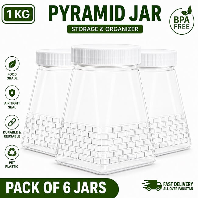 Pack of 6 Pyramid Jars (1 KG) for kitchen storage, plastic dabba set for masale and grocery, available with COD all over Pakistan on AABAMALL.PK