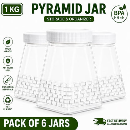 Pack of 6 Pyramid Jars (1 KG) for kitchen storage, plastic dabba set for masale and grocery, available with COD all over Pakistan on AABAMALL.PK