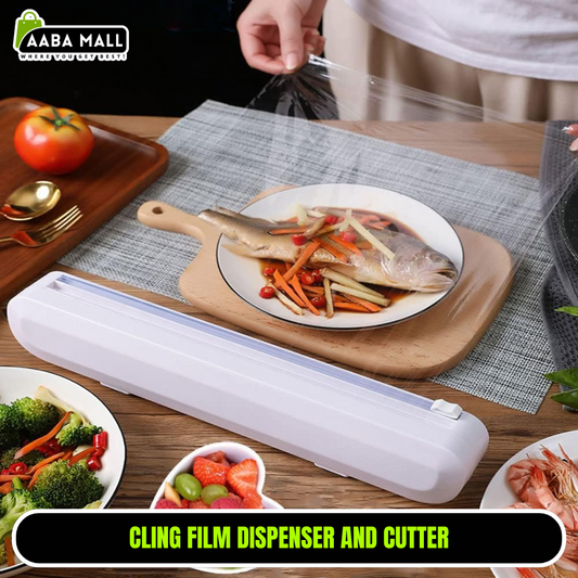 Cling Film Dispenser & Cutter | Food Wrap Holder with Slide Cutter & 1 BPA-Free Plastic Wrap Refill