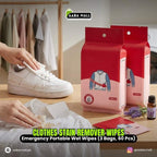 Clothes stain remover wipes with a person cleaning a white sneaker, AABA MALL branding visible.