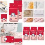 Red packaging of cleaning wipes with images of fabric before and after use.