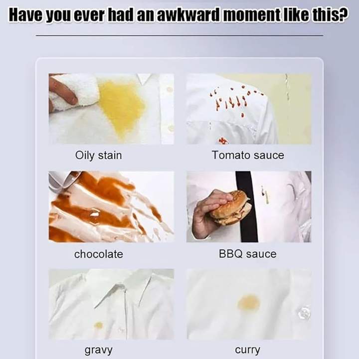 Meme showing various food stains on a white shirt with text asking if you've had an awkward moment like this.