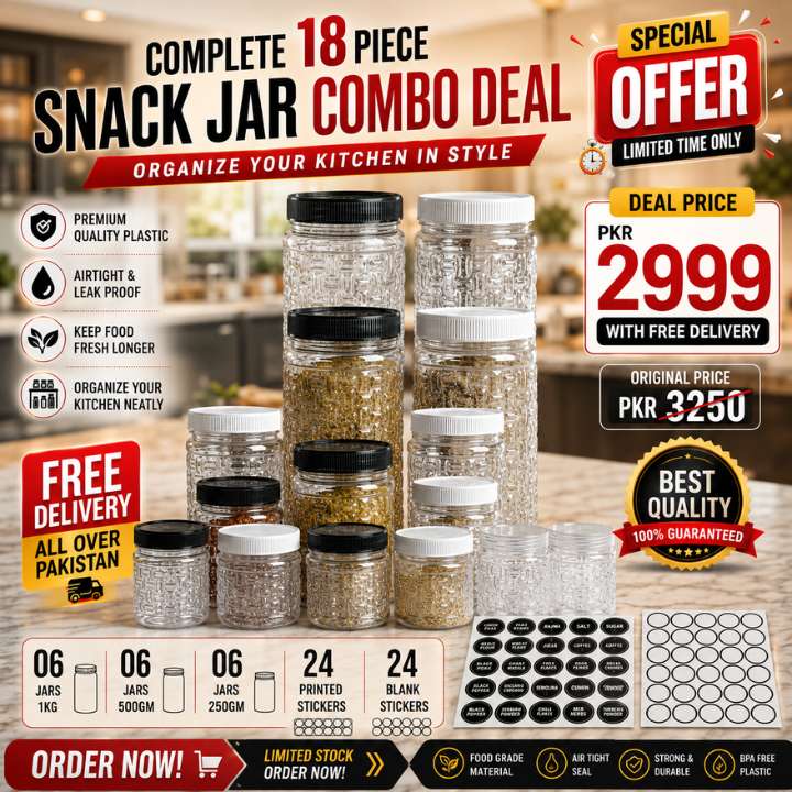 A promotional collage for a 18-piece snack jar combo deal, showing multiple clear plastic jars with black and white lids in assorted sizes, along with printed and blank sticker sheets. The background is a blurred kitchen scene, and the image contains multiple promotional text overlays, pricing details, and quality badges.