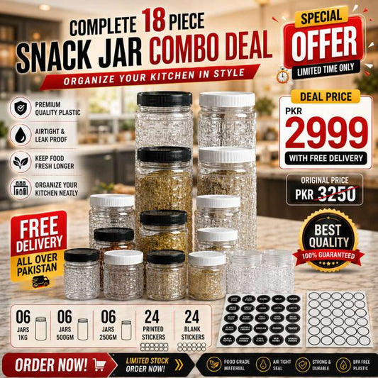 A promotional collage for a 18-piece snack jar combo deal, showing multiple clear plastic jars with black and white lids in assorted sizes, along with printed and blank sticker sheets. The background is a blurred kitchen scene, and the image contains multiple promotional text overlays, pricing details, and quality badges.