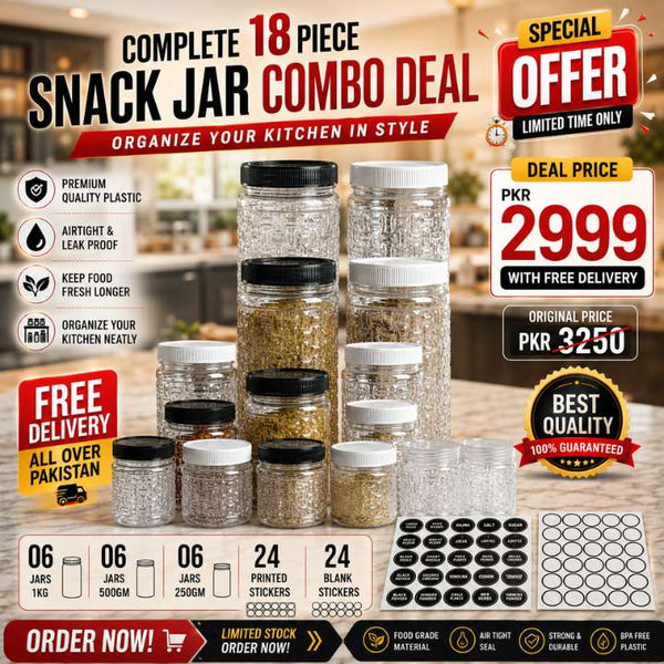 A promotional collage for a 18-piece snack jar combo deal, showing multiple clear plastic jars with black and white lids in assorted sizes, along with printed and blank sticker sheets. The background is a blurred kitchen scene, and the image contains multiple promotional text overlays, pricing details, and quality badges.