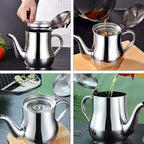 Stainless steel teapot with lid being opened and used to pour liquid.