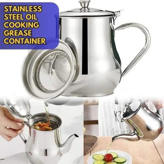 Stainless steel oil cooking grease container with a strainer on a white background