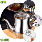 Stainless steel teapot with various uses on a wooden surface