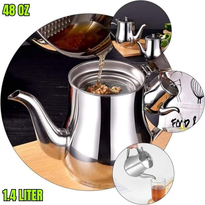 Stainless steel teapot with various uses on a wooden surface