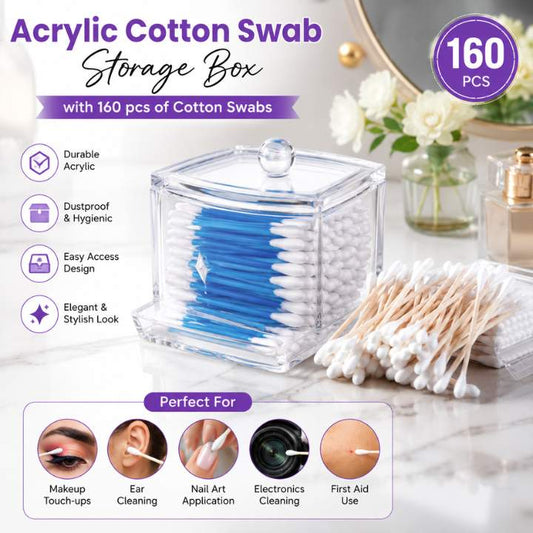 Acrylic cotton swab storage box with 160 cotton swabs on a marble surface.