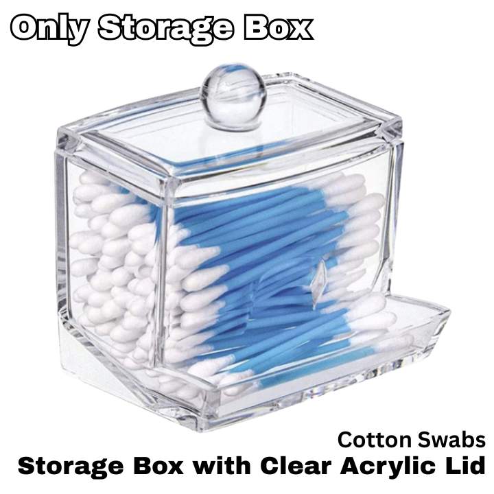 Clear acrylic storage box with cotton swabs and blue sticks on a white background