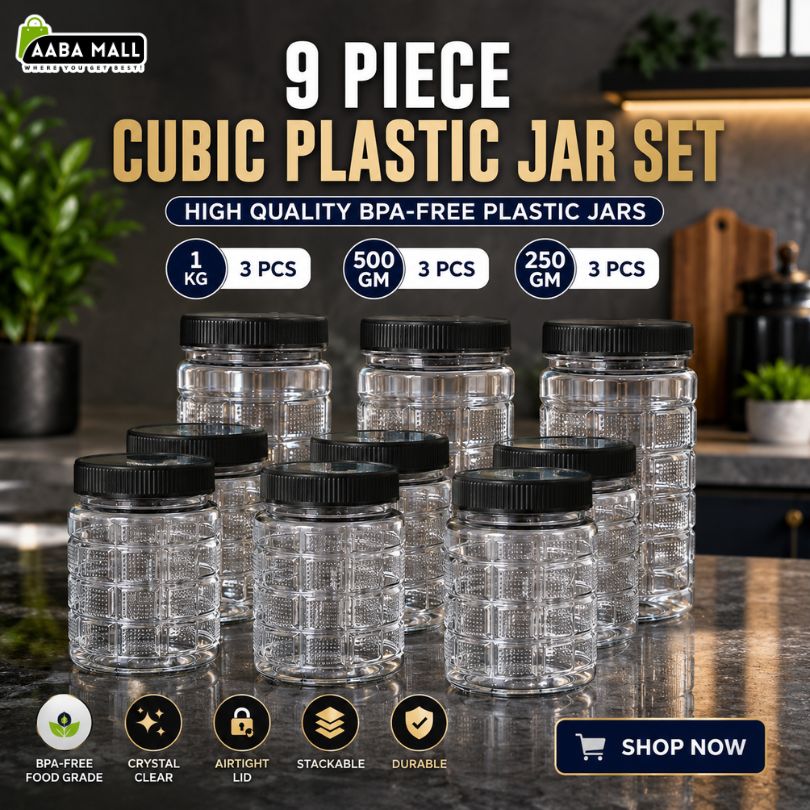 9 Pcs Cubic Jar Set + 12 Stickers | Transparent Kitchen Storage Containers | Airtight Food Jars with Black & White Lids | 1kg, 500gm, 250gm Jars for Pantry Organization