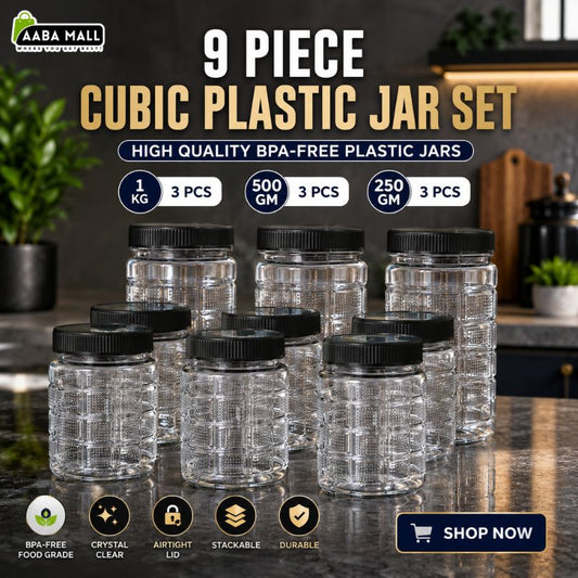 A 9-piece set of clear plastic cubic jars with black lids, displayed on a dark countertop with a blurred kitchen background. The image includes text overlays detailing the quantity (1 kg, 500 gm, 250 gm) and features the AABA MALL brand logo in the top left corner.