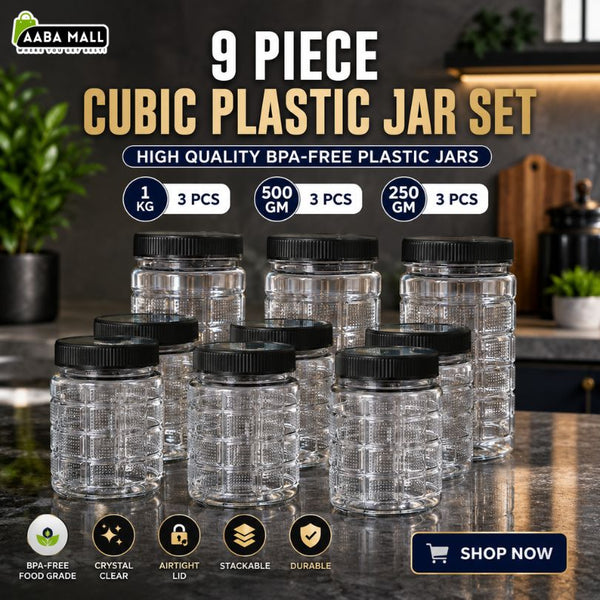 A 9-piece set of clear plastic cubic jars with black lids, displayed on a dark countertop with a blurred kitchen background. The image includes text overlays detailing the quantity (1 kg, 500 gm, 250 gm) and features the AABA MALL brand logo in the top left corner.