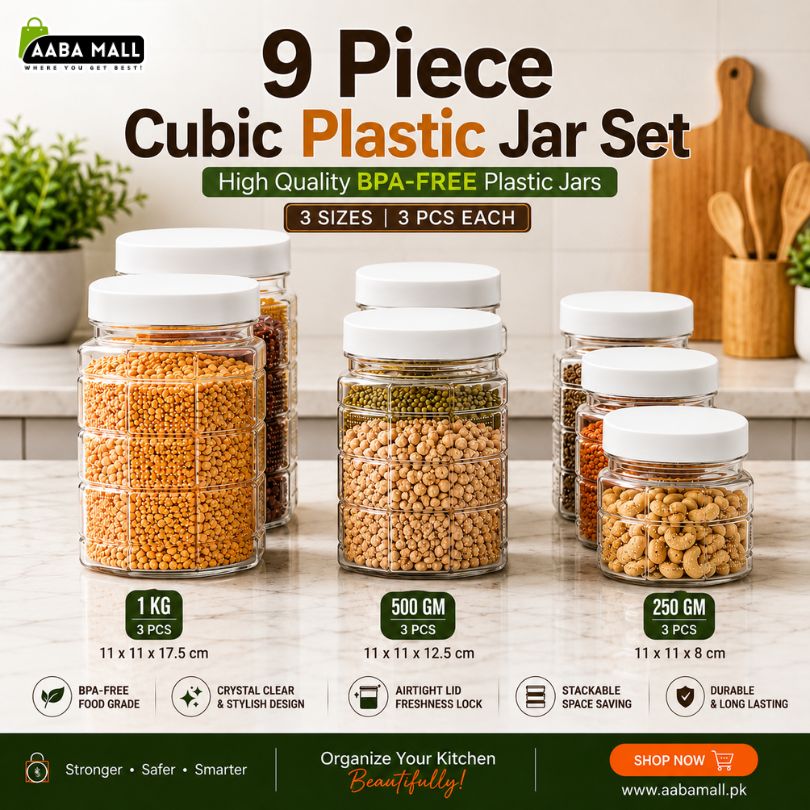 A 9-piece plastic jar set displayed in a kitchen setting, featuring six clear jars with white lids filled with various dry goods like lentils, beans, and nuts. The image includes text overlays detailing the sizes, weights, and features of the jars.