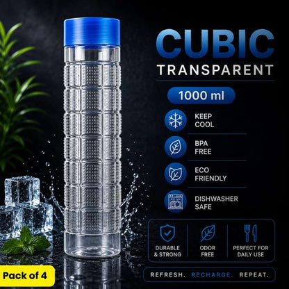 Cubic Transparent Water Bottle 1000 ML | Stylish Durable Plastic Bottle | Refrigerator Friendly Household & Kitchen Bottle | Made in Pakistan