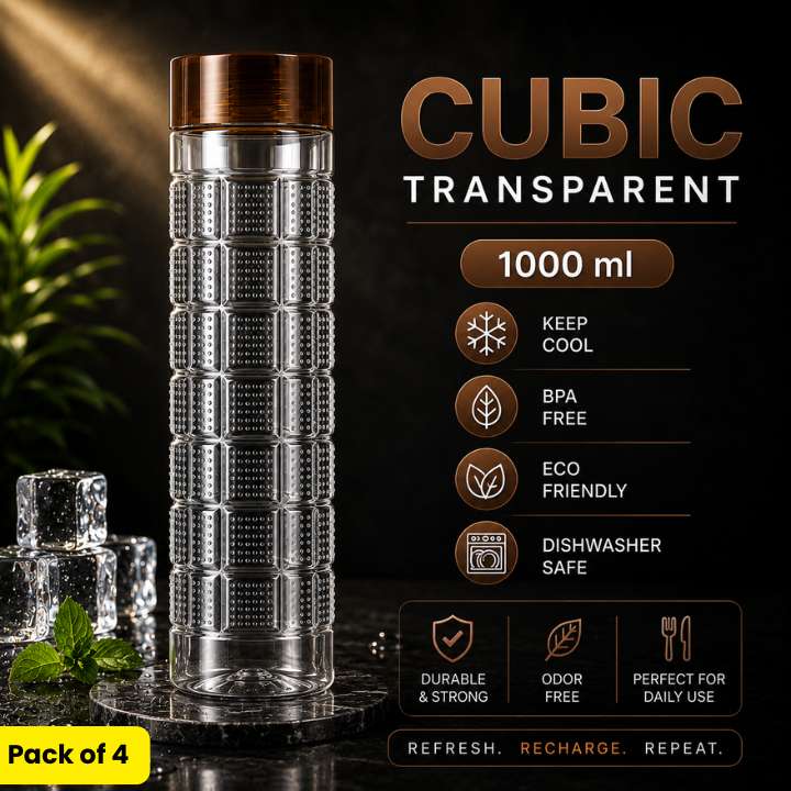Cubic Transparent Water Bottle 1000 ML | Stylish Durable Plastic Bottle | Refrigerator Friendly Household & Kitchen Bottle | Made in Pakistan