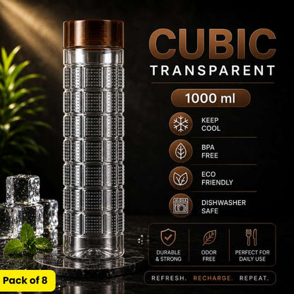 Cubic Transparent Water Bottle 1000 ML | Stylish Durable Plastic Bottle | Refrigerator Friendly Household & Kitchen Bottle | Made in Pakistan