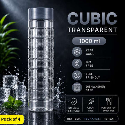 Cubic Transparent Water Bottle 1000 ML | Stylish Durable Plastic Bottle | Refrigerator Friendly Household & Kitchen Bottle | Made in Pakistan