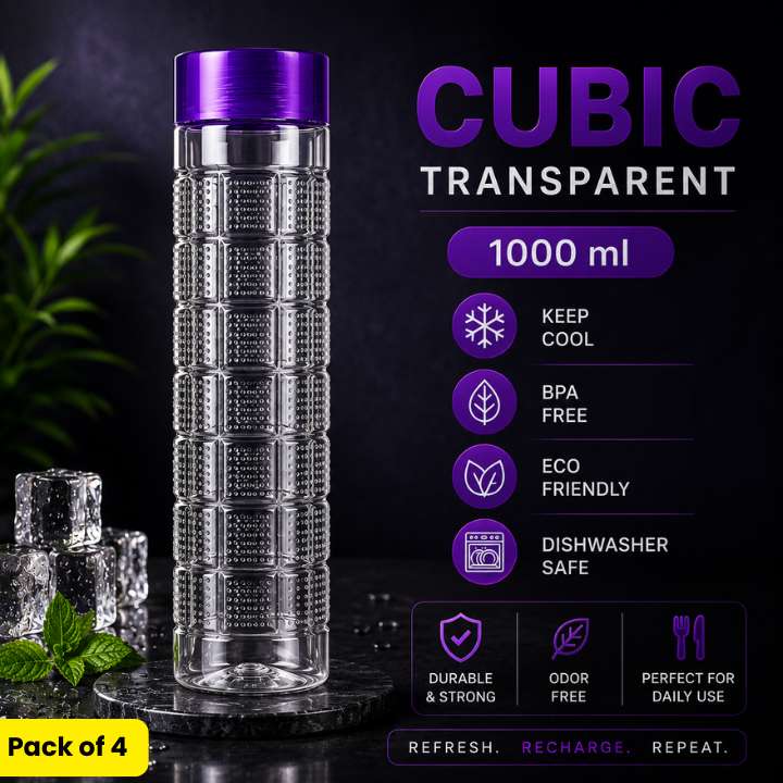 Cubic Transparent Water Bottle 1000 ML | Stylish Durable Plastic Bottle | Refrigerator Friendly Household & Kitchen Bottle | Made in Pakistan