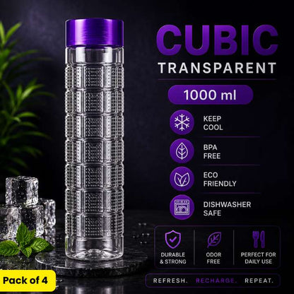 Cubic Transparent Water Bottle 1000 ML | Stylish Durable Plastic Bottle | Refrigerator Friendly Household & Kitchen Bottle | Made in Pakistan