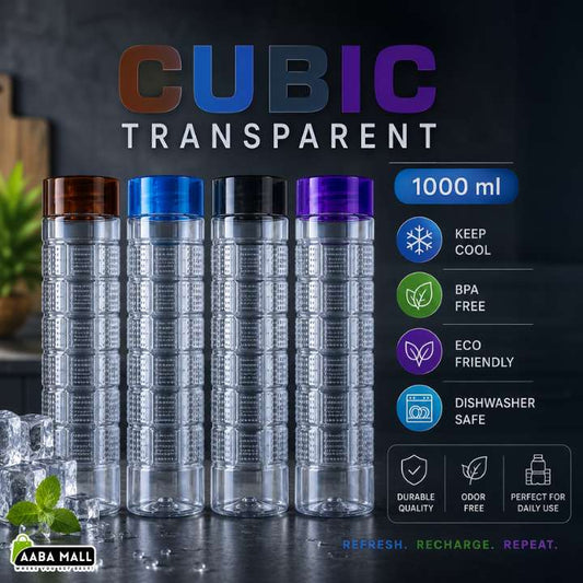 Cubic Transparent Water Bottle 1000 ML | Stylish Durable Plastic Bottle | Refrigerator Friendly Household & Kitchen Bottle | Made in Pakistan