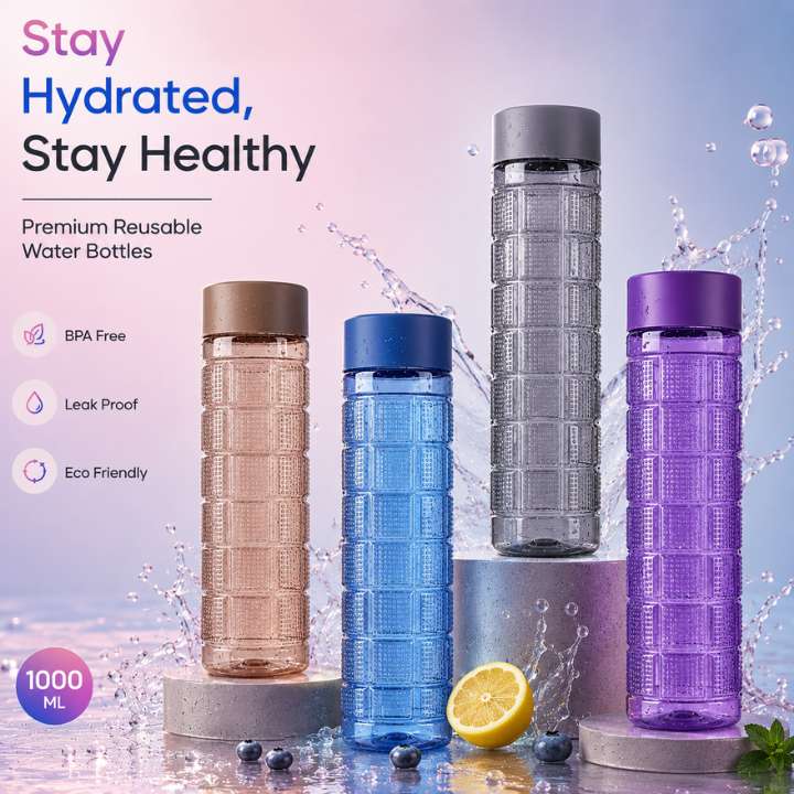 Four reusable water bottles in different colors with a splash of water and fruits on a light background.