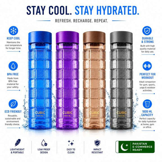 Four colorful water bottles with features listed on a white background