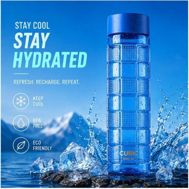 Blue water bottle with ice cubes and mountain background, featuring 'Stay Cool, Stay Hydrated' text.