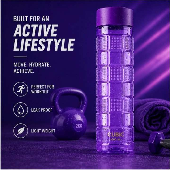 Purple water bottle with fitness equipment on a dark background, featuring text about an active lifestyle.
