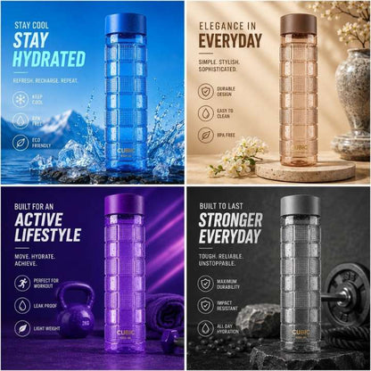 Collage of four CUBIC water bottles in different colors with promotional text and settings.