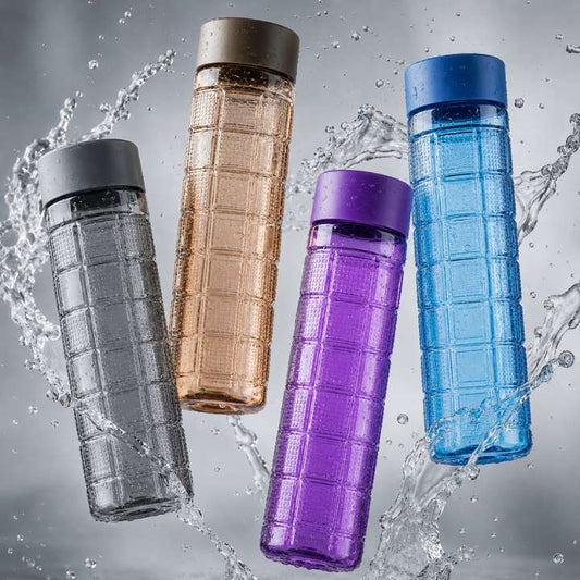 Four grid-patterned water bottles in gray, brown, purple, and blue with water splashes on a gray background.