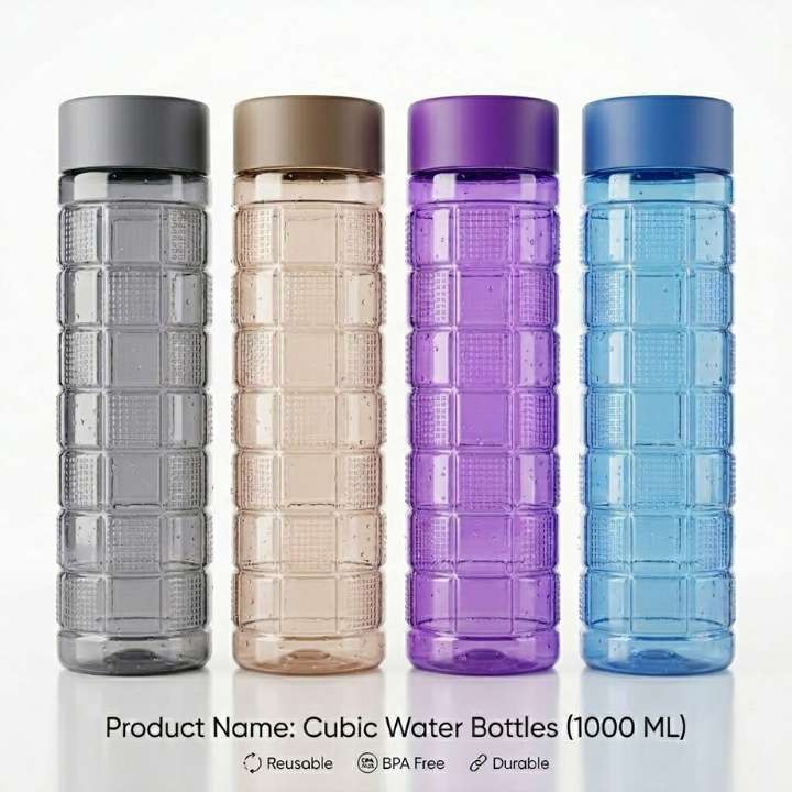 Four cubic water bottles in different colors on a white background