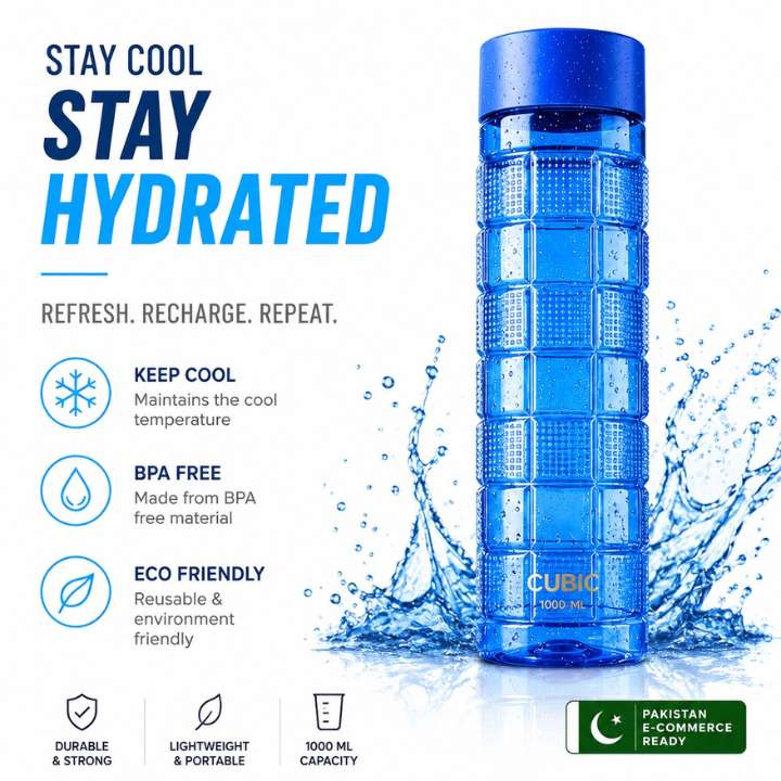 Blue water bottle with cooling properties on a white background