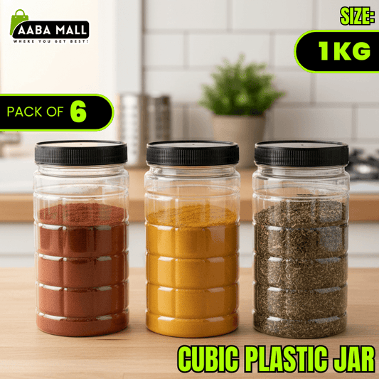 Three cubic plastic jars with black lids on a kitchen counter, labeled as a pack of 6 from AABA MALL.