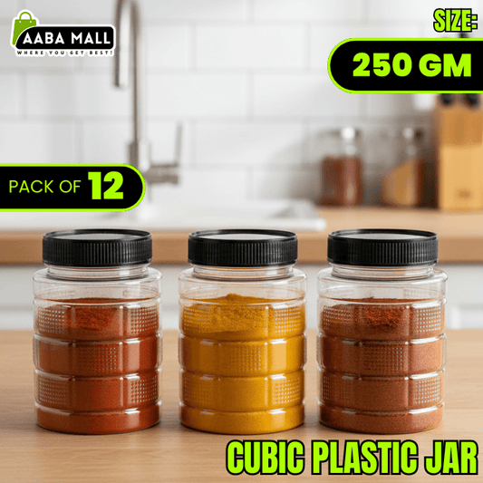 Three cubic plastic jars with black lids on a kitchen counter, labeled as a pack of 12 with a size of 250 grams.
