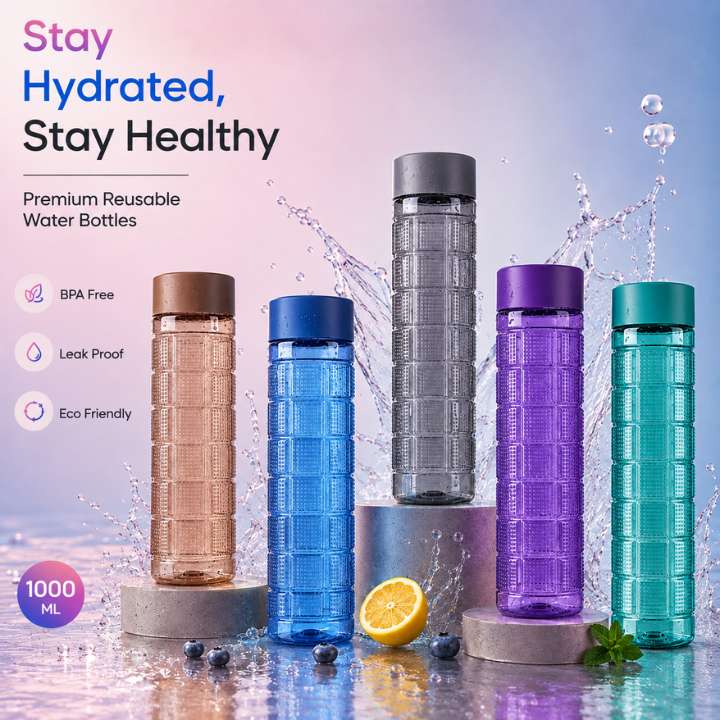 Cubic Water Bottle 1000 ML | Refrigerator Friendly | Durable Plastic Water Bottle | Made in Pakistan | Stylish Household & Kitchen Bottle