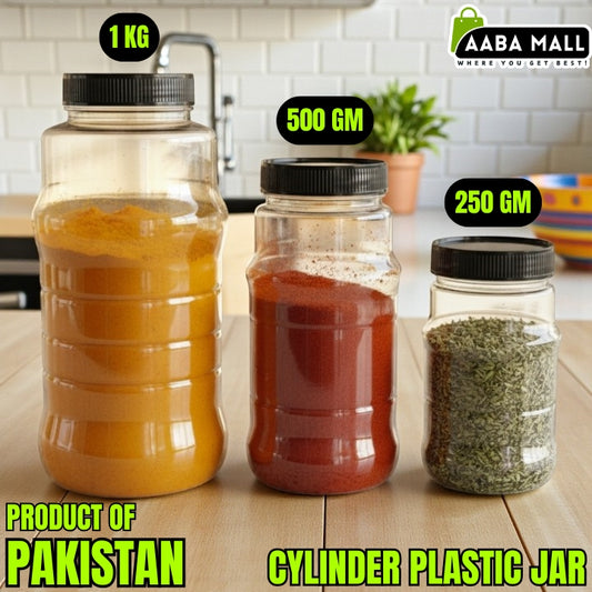 Cylinder Plastic Jar Set – Premium Airtight Food Storage Containers (1KG), (500GM), (250GM)
