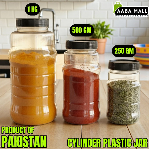 Cylinder Plastic Jar Set - Premium Airtight Food Storage Containers (1KG), (500GM), (250GM)