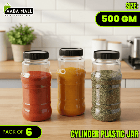 Three cylindrical plastic jars with black lids on a kitchen counter, containing different colored powders.