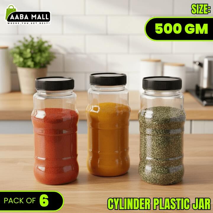 Three cylindrical plastic jars with black lids on a kitchen counter, containing different spices.