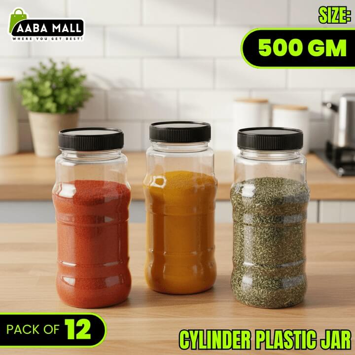 Three cylindrical plastic jars with black lids on a kitchen counter, containing different colored powders.