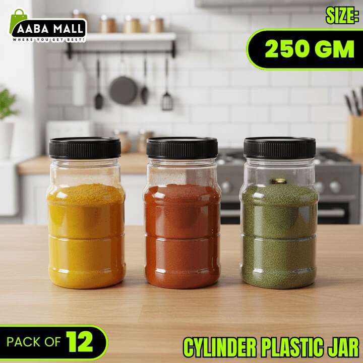 Three cylindrical plastic jars with black lids on a kitchen counter, containing different colored powders.